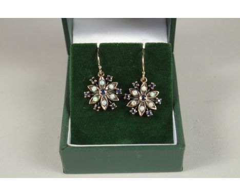 A PAIR OF 9CT GOLD OPAL AND SAPPHIRE CLUSTER EARRINGS.