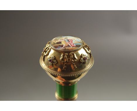 A RUSSIAN WALKING STICK with silver, enamel and diamond handle.