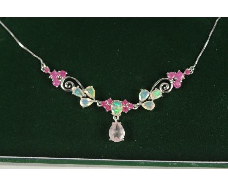A SILVER RUBY, OPAL AND ROSE QUARTZ NECKLACE.