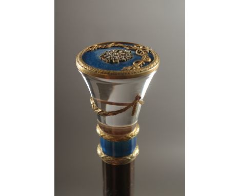 A RUSSIAN WALKING STICK with silver, enamel and diamond handle.