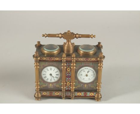 A CLOISONNE ENAMEL DOUBLE CARRIAGE CLOCK with carrying handle. 12cms wide.
