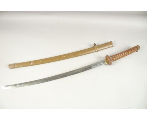 A JAPANESE WWII OFFICER'S SWORD, Signed, with shagreen banded handle. Tuba and plain blade in a brass sheath. 10cms long.