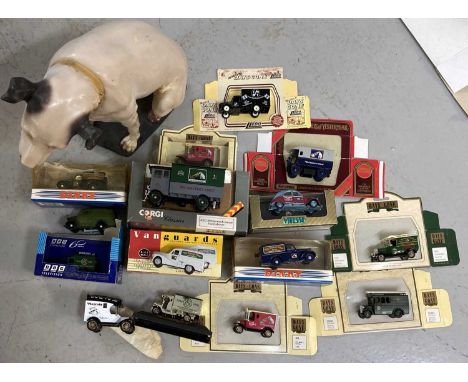 15 die-cast model cars featuring 'HMV' designs inc a Dinky model in box, plus an original 'Nipper' large model.  