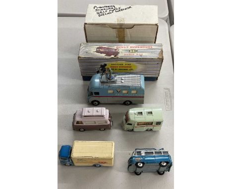  Six die-cast models: Corgi: Ford Thames Airborne Caravan, Walls Ice Cream van, Commer Bus 2500 Series, Smith's Karrier Shop.