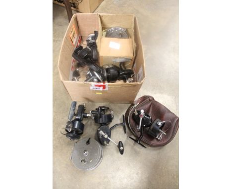 Quantity of vintage fishing reels - including Mitchell 300 and 410 fixed spool reels on Allcocks Duco, various J. W. Young's 