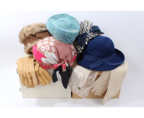 Selection of vintage accessories - including 1960s Christian Dior silk scarf turban hat, 1940s turquoise feather hat, Fernand