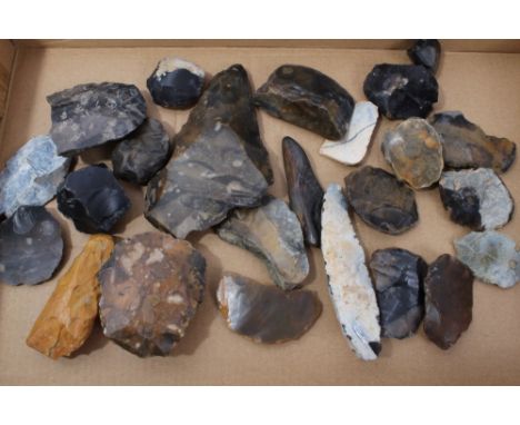 Good Neolithic worked flint axe-head, 12cm long, together with axe fragments and groups of scrapers, flint covers and other w