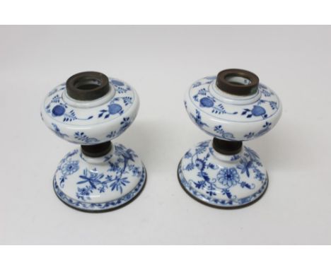 Pair late 19th century Meissen blue and white porcelain oil lamp bases with onion pattern decoration and brass mounts - blue 