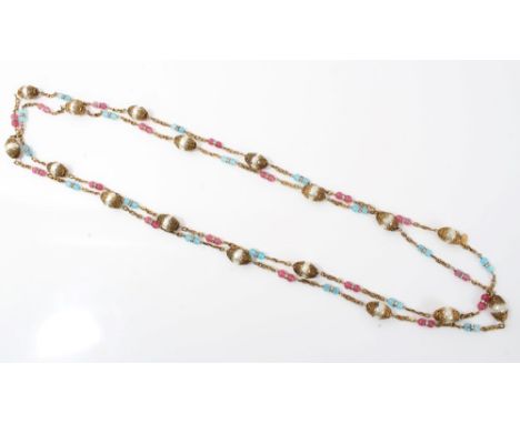 1970s / 1980s vintage Chanel gilt metal necklace interspaced with large simulated pearls, pink and blue glass beads, with ova