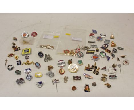 Collection of enamelled advertising badges and stick pins - including motor and motorcycle related, together with a pair of c