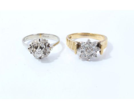 Two gold (18ct) diamond cluster rings CONDITION REPORT Yellow gold ring size O½.  White gold ring size N.  Total weight appro