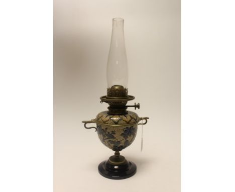 Doulton Lambeth stoneware oil lamp with glass chimney and shade, Hinks Duplex burner on brass support and circular base