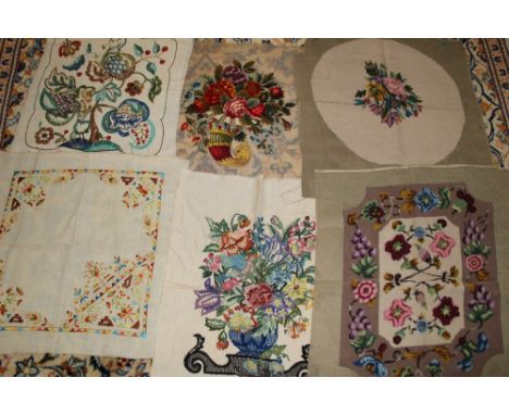 Selection of vintage textiles - including tapestry and stumpwork panel, embroidered muslin panel, colourful silk thread in st