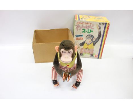 Vintage Japanese battery-operated plastic and fabric automaton by Bandai, in the form of a monkey, with cymbals, in original 