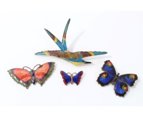 Three vintage enamel on copper butterfly brooches - including one stamped Stratton, together with an Art Deco-style plastic b