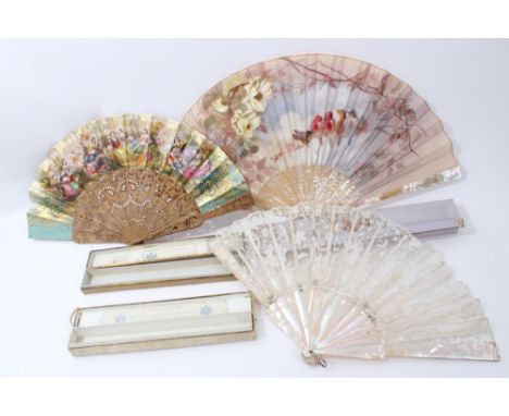 19th century silk gauze depicting roses and birds, signed and dated - Mathilde 8.7.85 - with mother of pearl sticks, in fan b