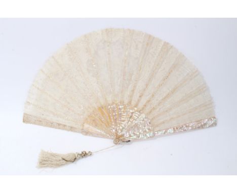 19th century Brussels Rose Point de Gaze needle lace fan with mother of pearl sticks and guards with knotted tassel, in a sat