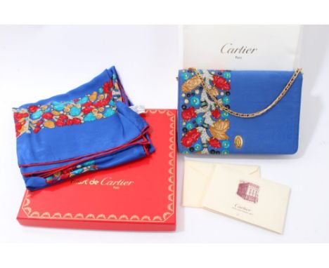 1980s vintage genuine Cartier silk scarf handbag 'Indos Galantes' design, with gilt chain, interior is Cartier logo lining, o