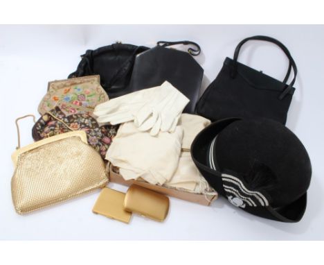 Ladies' vintage evening bags, two petit-point embroidered bags with gilt frames and chains, gilt mesh bag, German, two black 