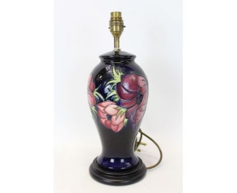 Moorcroft Pottery table lamp decorated in the Anemone pattern on blue ground, 38cm high overall CONDITION REPORT Good conditi