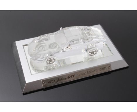 Rare limited edition Swarovski crystal model of a Porsche 911 - 40 Year Anniversary - clear glass, 10cm long, raised on mirro