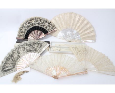 Five 19th century Brussels and French lace fans - all with mother of pearl sticks and guards, three fan boxes including one D