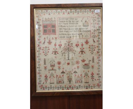 George IV needlework sampler decorated with house, Adam &amp; Eve, pavilions, trees, birds, flowers and verse, Jane Horncastl