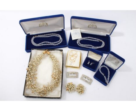 Group crystal jewellery - all boxed, two paste set buckles and simulated pearl necklace and earring set