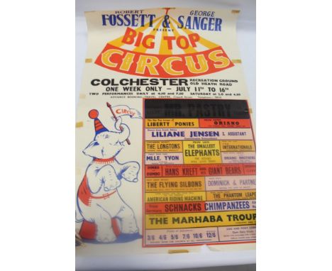 Poster - original and unusual Robert Fossett &amp; George Sanger 'Present Big Top Circus' poster 1960s, Recreation Ground, Co