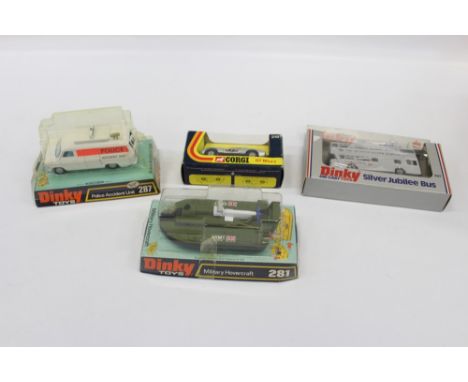 Corgi Lamborghini P400 No319, Dinky Police Accident Unit No 287, Military Hovercraft No 281,  Silver Jubilee Bus No 297, all 