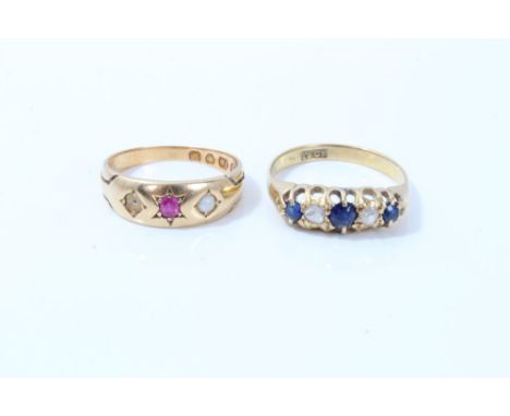 Late Victorian gold (18ct) sapphire and diamond five stone ring and a Victorian gold (18ct) ruby and pearl ring (one pearl mi