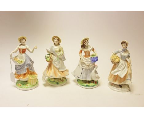 Set of four Royal Worcester Pastoral Collection figures - Goose Girl, Baker's Wife, Fruit Picking and Market Day - all boxed
