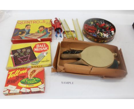 Toys - old tin trunk containing board games, climbing firemen, jigsaw puzzles, plastic soldiers, teddy bears, plus a selectio
