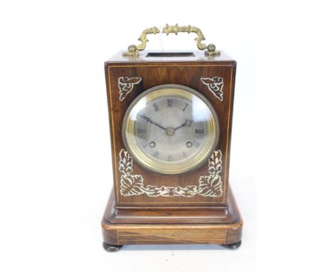 Late 19th century mantel clock with French eight day movement, silk suspension and outside countwheel striking on a bell, sil