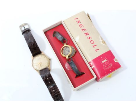 Ladies' gold (18ct) cased Ingersoll wristwatch on leather strap, in original box, together with a gentlemen's gold (9ct) case