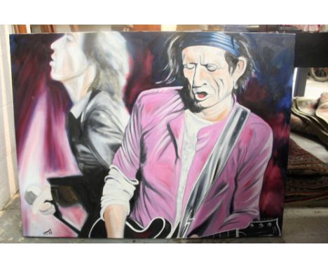 The Rolling Stones Interest - signed oil on canvas painting of Ronnie Woods and Mick Jagger, signed and dated - J. Hewitt 07,