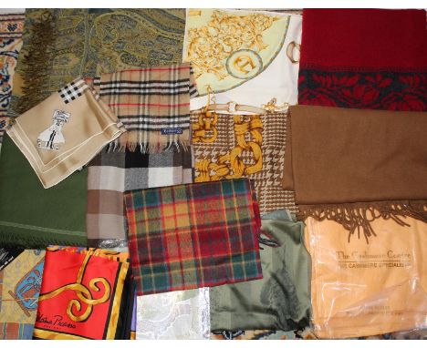 Selection of silk scarves - including Etienne Aigner equestrian design, Burberry's, Palomo Picasso, plus cashmere and wool sc