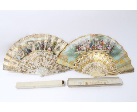 Two 19th century fans - both double-leaf paper, one has ladies and gentlemen in garden scenes surrounded by gilt foil floral 