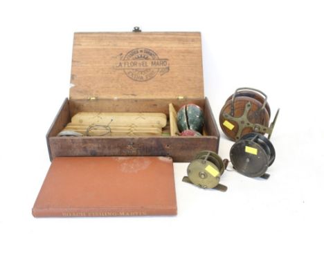 Three vintage fishing reels - including one by Allcock &amp; Co. Ltd., together with a box of fishing accessories and an Edwa