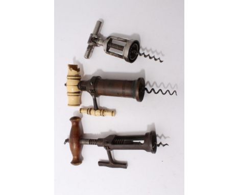 Georgian Dowlers patent corkscrew with bone and ivory fittings and two other vintage corkscrews 