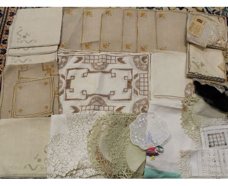 Quantity of worked table linens - including Art Deco embroidered mats and napkins, bobbin and pulled-thread mats, cream linen