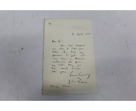 J. M. Barrie (1860 - 1937), Scottish Novelist and Playwright - handwritten letter signed 'Sir have my permission to quote not