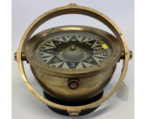 Naval binnacle compass in a brass case, signed - DENT, E DENT &amp; CO. London - serial no. 365, with broad arrow, on a circu