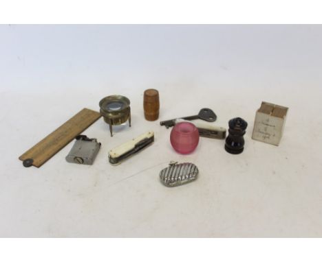 Selection of miscellania - including two multi-blade pocket knives, Chubb safe key, glass match striker, sovereign case, rule