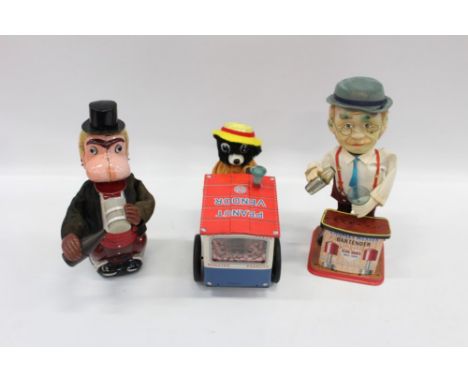 Rosko vintage battery-operated 'Charley Weaver Bartender' with box cover, together with Jocko - The Drinking Monkey by Linema