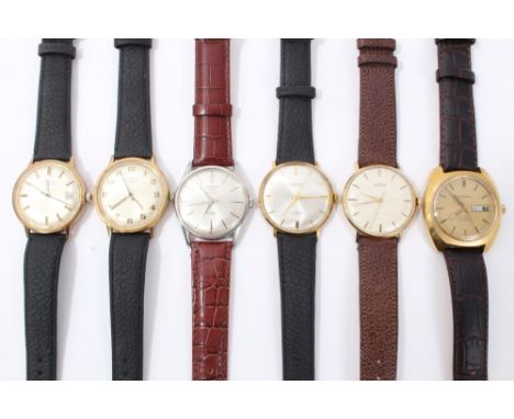 Group of six gentlemen's wristwatches - to include three Rotary, two Roamer and one Garrard watch - all with leather straps