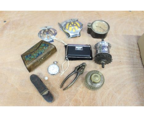 Selection of miscellania - including Sturmey Archer hub, inkwell, two AA badges, Smith dashboard clock, pair folding opera gl