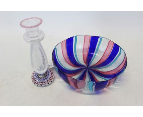 Good quality glass candlestick / paperweight with millifiori decoration and a Murano glass bowl with pink, blue and turquoise