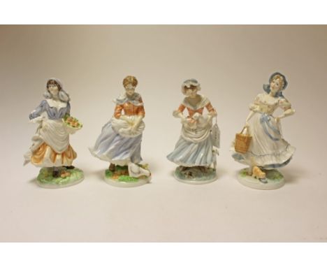 Set of four Royal Worcester Old Country Ways figures - The Milkmaid, A Farmer's Wife, Rosie Picking Apples and The Shepherdes