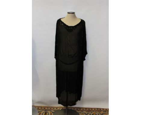 1920s black Georgette and French Jet 'flapper' dress (tabbard-style) with ladies' vintage riding black leather waistcoat by A